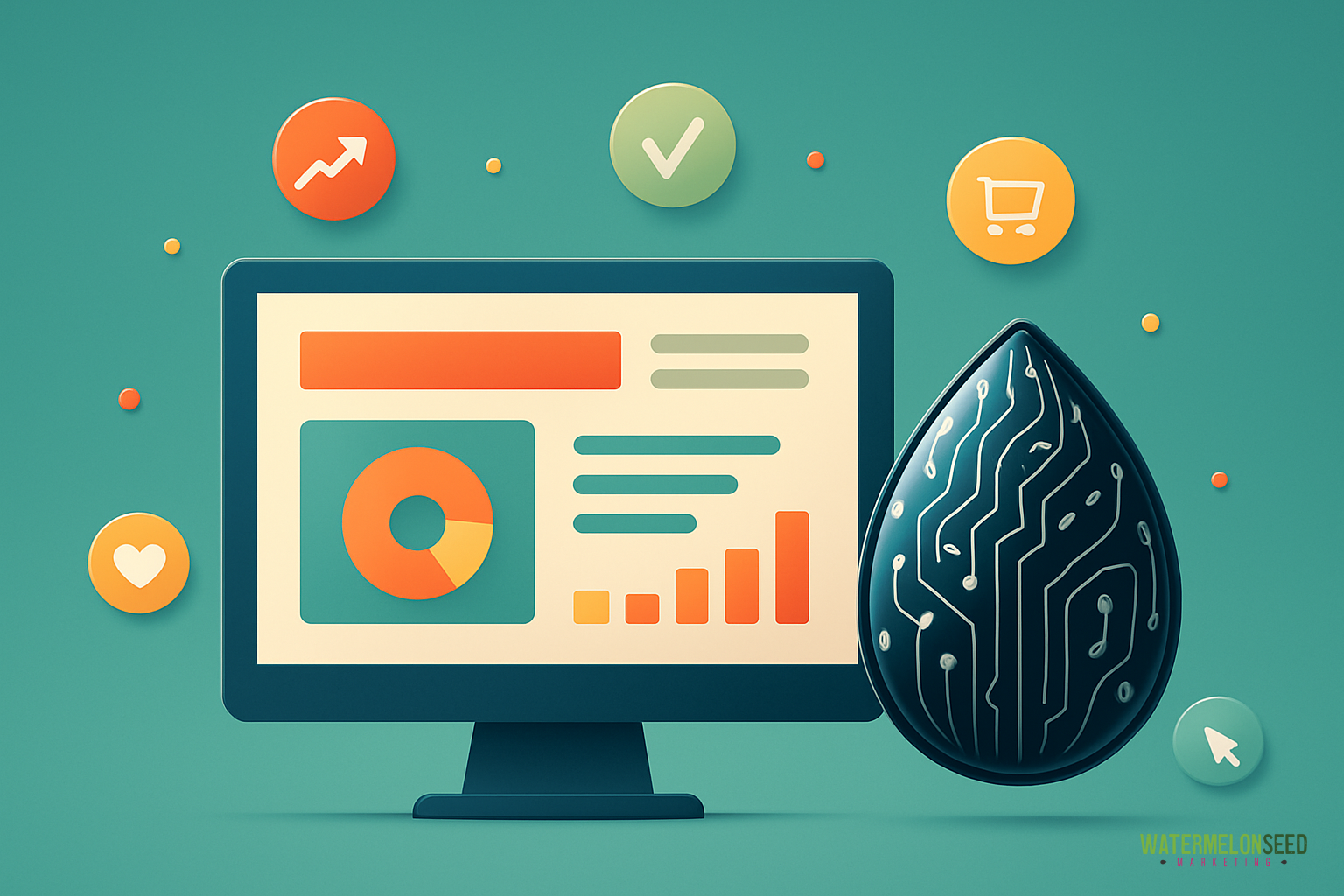 A computer monitor displays charts and graphs, surrounded by icons for analytics, shopping, and technology, symbolizing effective landing page design, with a circuit-patterned droplet beside it.
