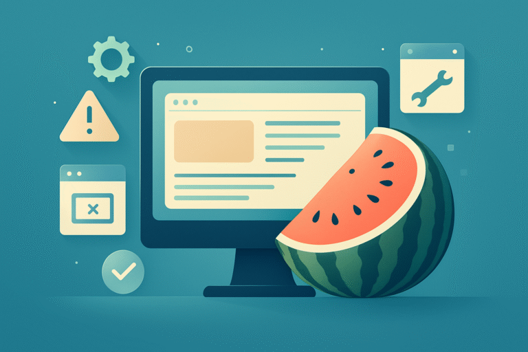 A computer monitor displaying a webpage is shown with a large slice of watermelon in front, surrounded by icons of gears, warning signs, and tools on a blue background—highlighting best practices for small business websites.