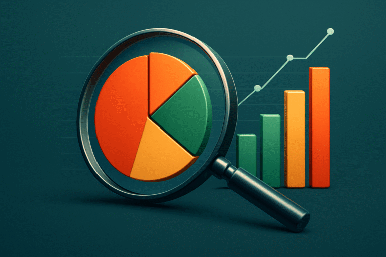 A magnifying glass focuses on a pie chart in the foreground, with a bar graph and upward trend line in the background, highlighting SEO performance analytics and suggesting data-driven growth.