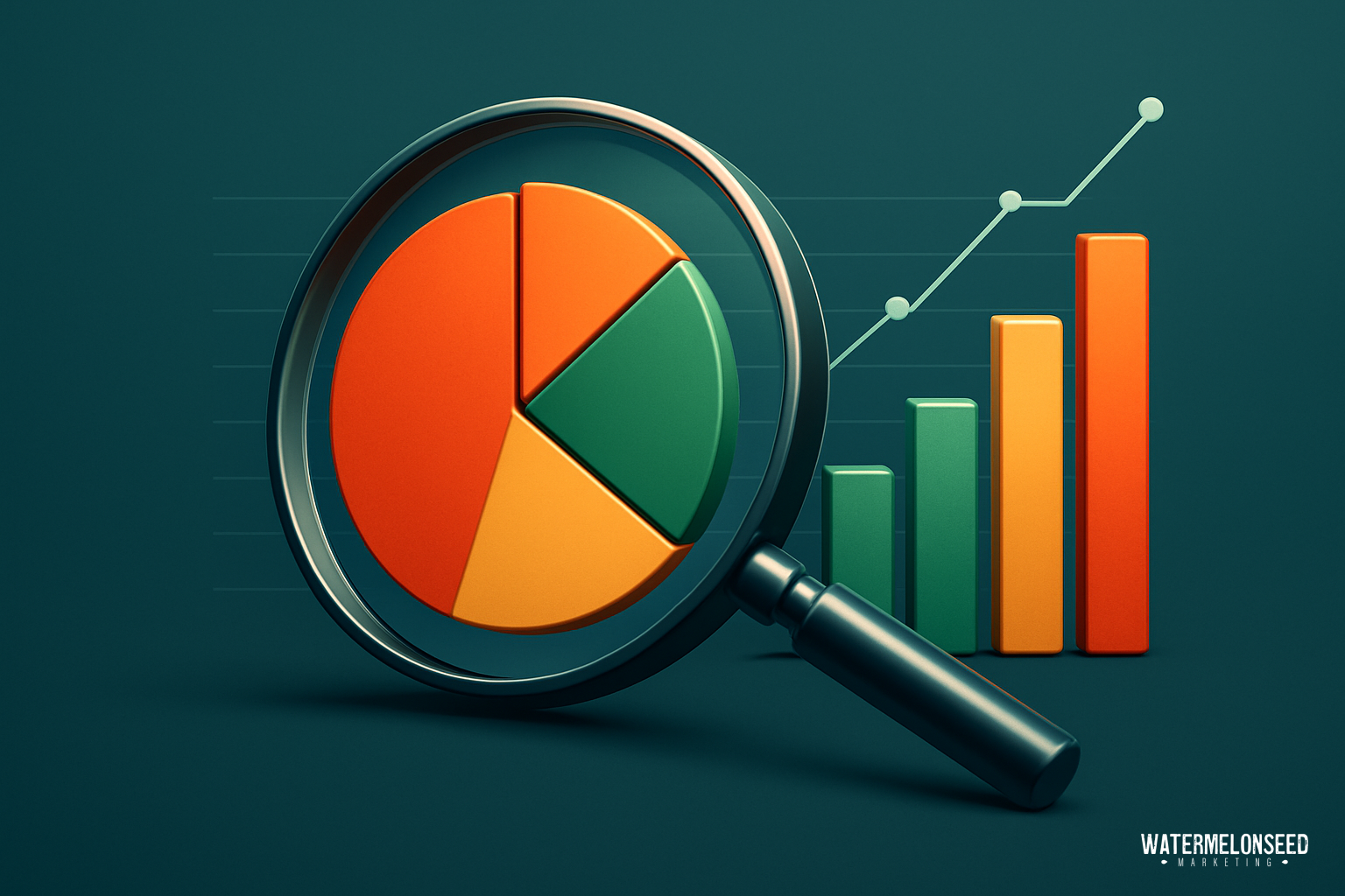 A magnifying glass focuses on a pie chart in the foreground, with a bar graph and upward trend line in the background, highlighting SEO performance analytics and suggesting data-driven growth.