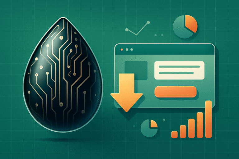 A digital egg with circuit patterns next to graphical user interface elements, charts, and a downward arrow, symbolizing technology, data analytics, and effective landing page design.
