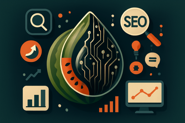 Digital illustration of a leaf with circuit patterns, surrounded by SEO performance analytics, data chart, and magnifying glass icons, representing technology and digital marketing concepts.