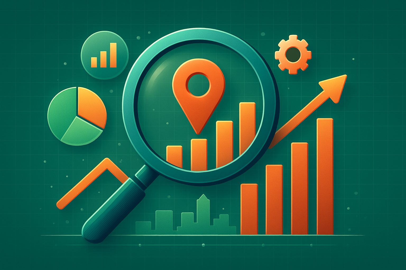 Illustration of charts, graphs, and a magnifying glass highlighting a location pin, representing SEO performance analytics and business growth on a green background.