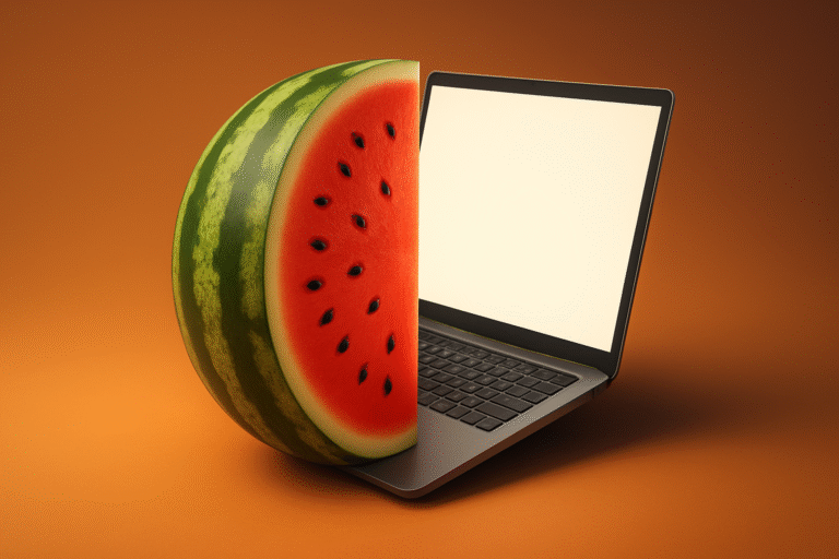 A laptop with half of a watermelon seamlessly replacing one side of its screen, symbolizing creative best practices for small business websites, set against a plain orange background.
