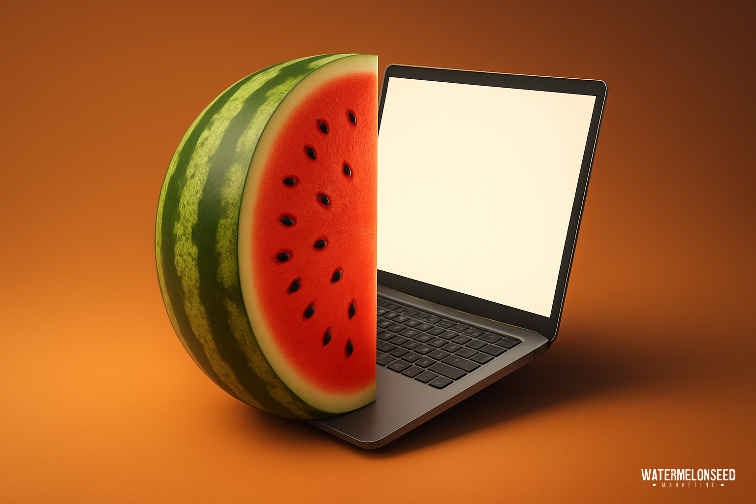 A laptop with half of a watermelon seamlessly replacing one side of its screen, symbolizing creative best practices for small business websites, set against a plain orange background.