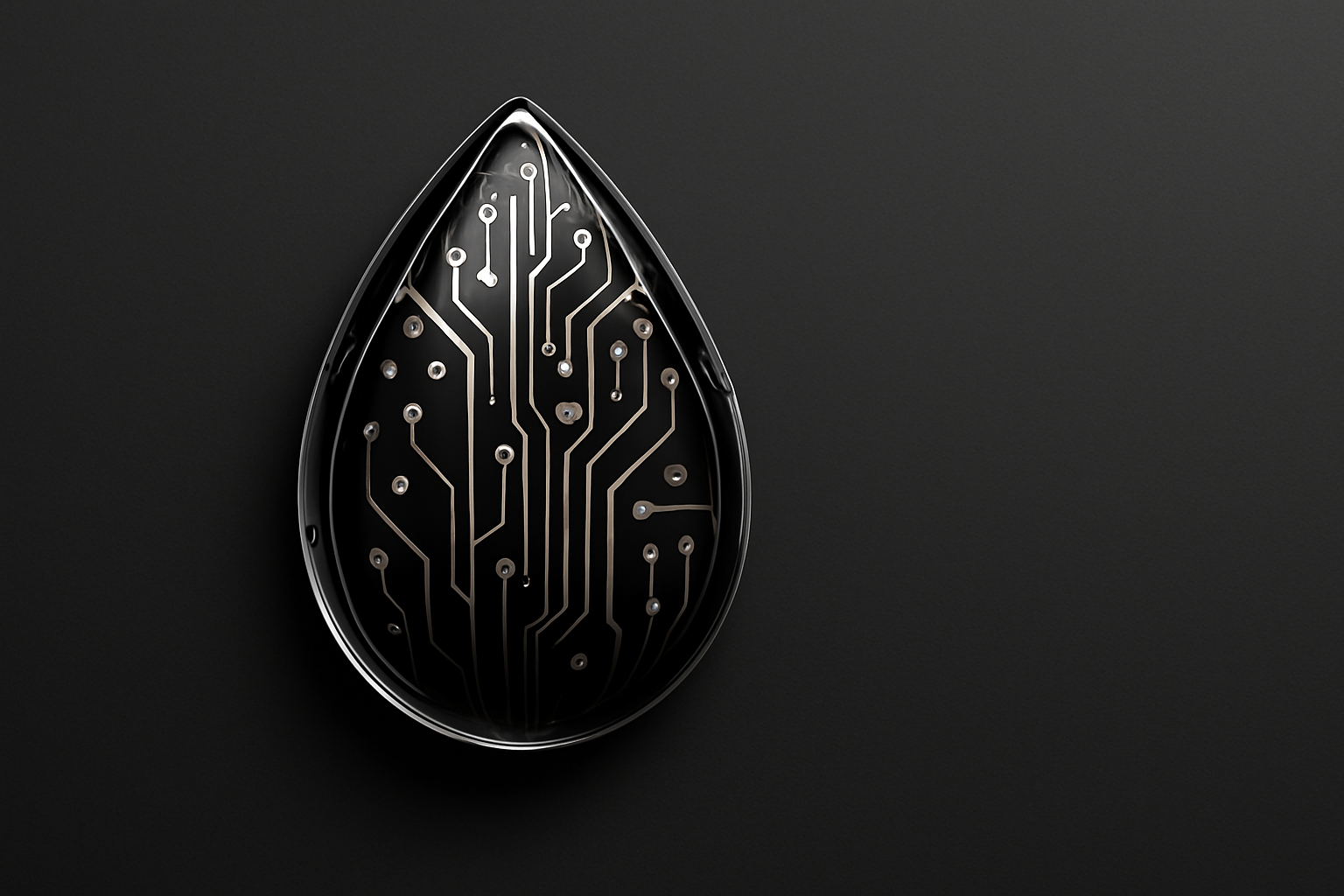 A black teardrop-shaped object with gold circuit board patterns on its surface, set against a dark background, evokes the precision and innovation found in effective AdWords advertising tips.
