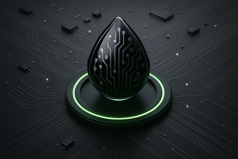 A black, teardrop-shaped object with circuit patterns stands on a glowing green ring, embodying effective landing page design amid a dark circuit board background scattered with electronic components.