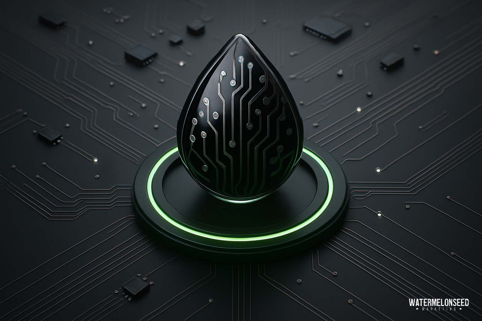 A black, teardrop-shaped object with circuit patterns stands on a glowing green ring, embodying effective landing page design amid a dark circuit board background scattered with electronic components.