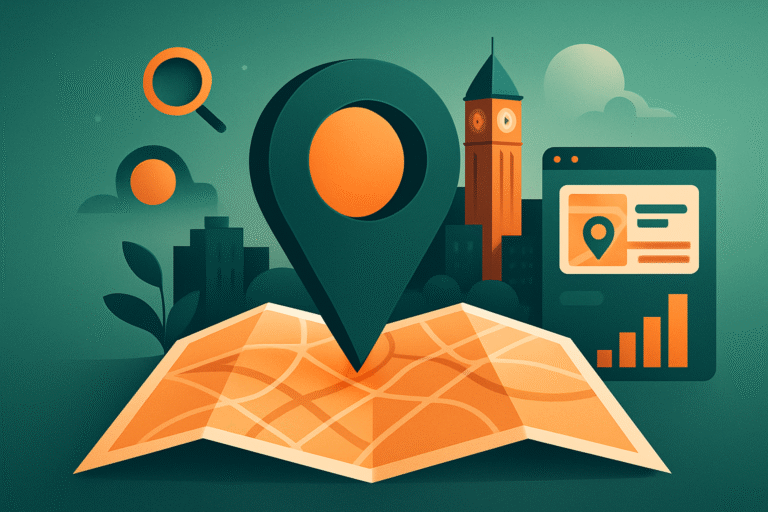 Illustration of a map with a location pin, cityscape, clock tower, magnifying glass icons, and a digital window displaying local SEO tips for Frisco businesses alongside location data and bar charts.