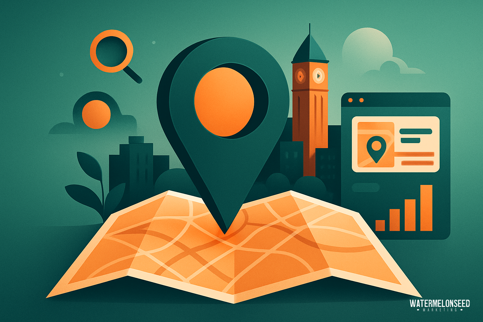 Illustration of a map with a location pin, cityscape, clock tower, magnifying glass icons, and a digital window displaying local SEO tips for Frisco businesses alongside location data and bar charts.