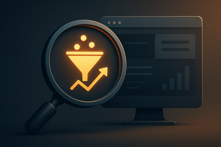 A magnifying glass with a funnel and upward arrow icon is placed in front of a computer monitor displaying charts and graphs, symbolizing the impact of conversion-focused web design on analytics and performance.