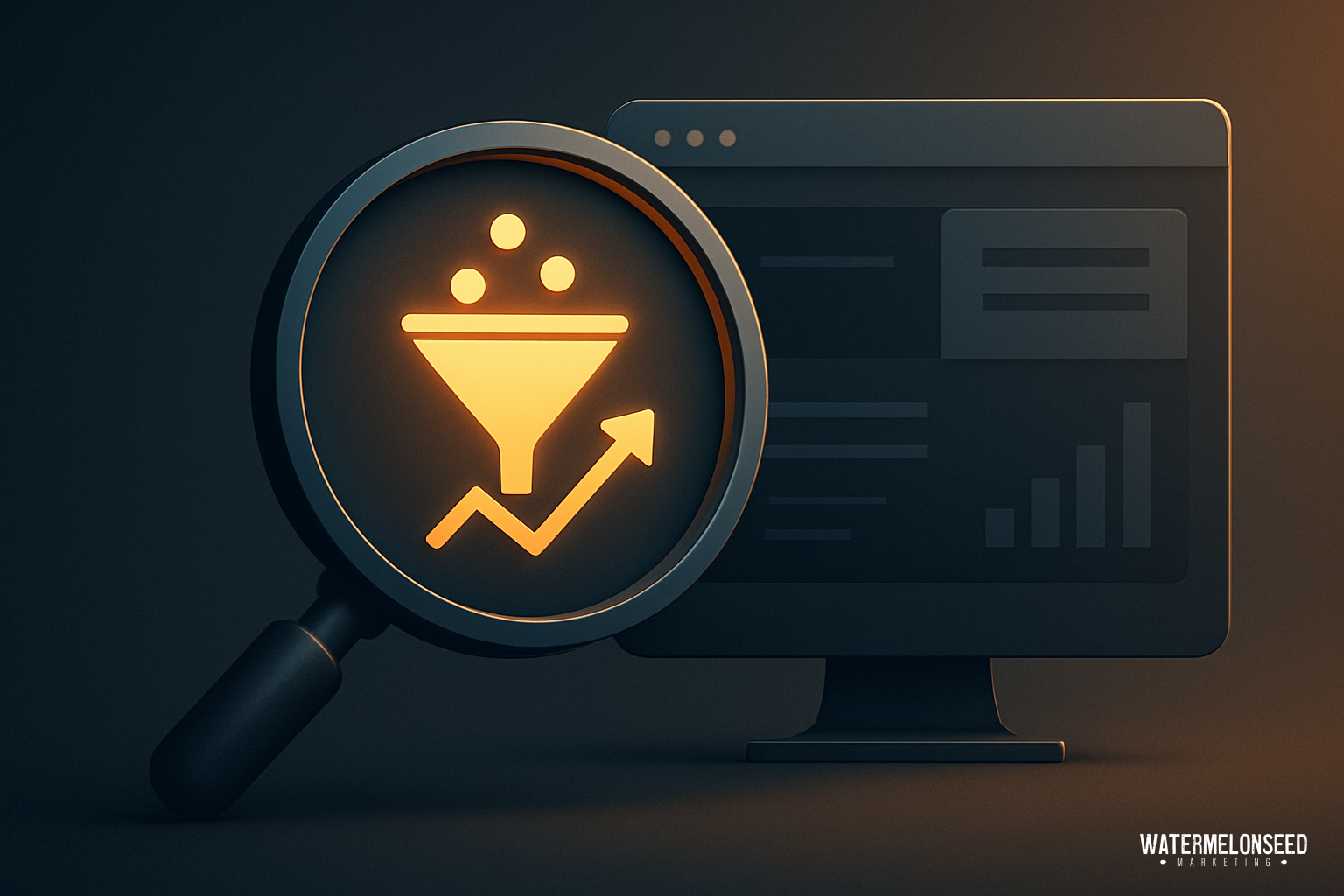 A magnifying glass with a funnel and upward arrow icon is placed in front of a computer monitor displaying charts and graphs, symbolizing the impact of conversion-focused web design on analytics and performance.