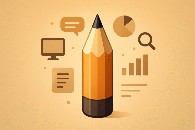 A large pencil is centered, symbolizing content writing for websites, with icons of a computer monitor, speech bubbles, pie chart, magnifying glass, and bar graphs surrounding it on a beige background.