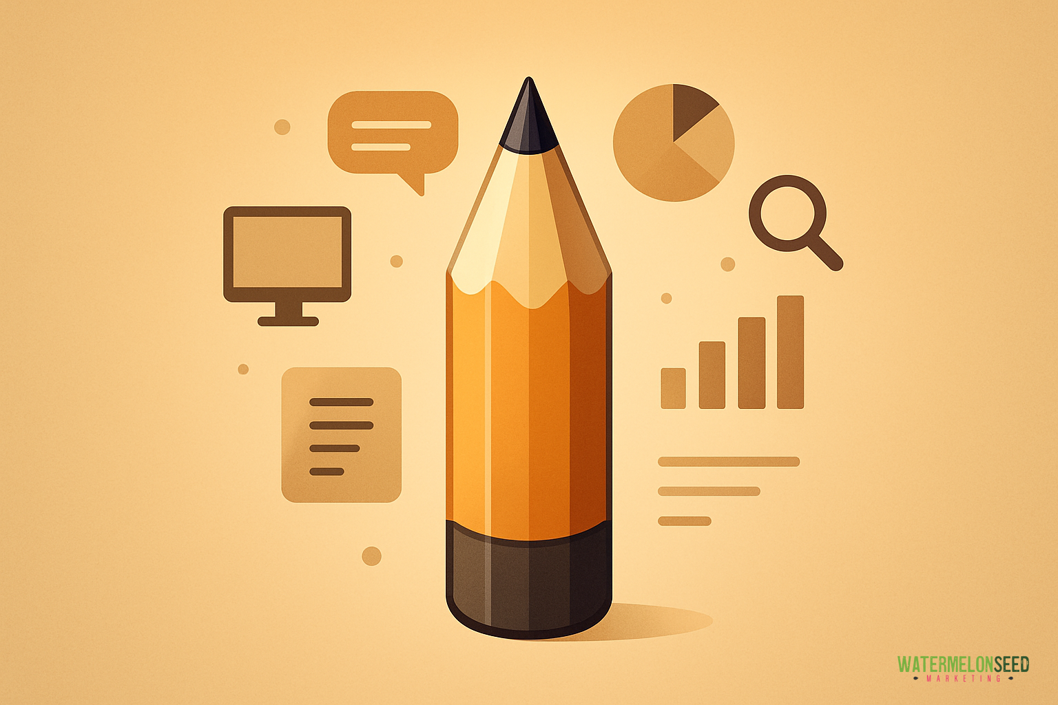 A large pencil is centered, symbolizing content writing for websites, with icons of a computer monitor, speech bubbles, pie chart, magnifying glass, and bar graphs surrounding it on a beige background.