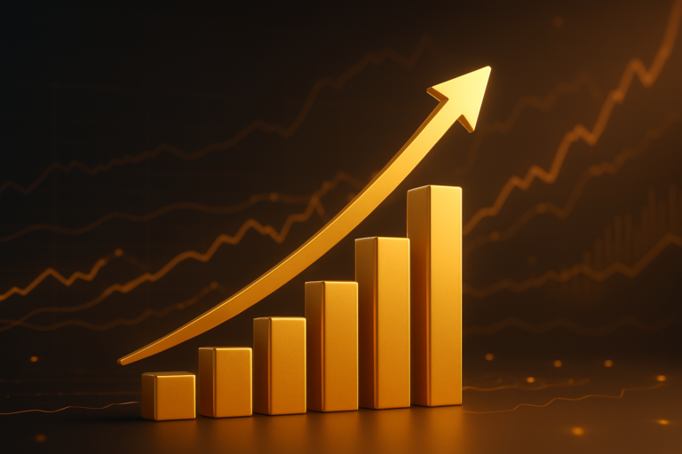 A gold bar graph with rising columns and an upward arrow, representing growth or increasing trends in performance metrics for small businesses, set against a dark background with faint line graphs.
