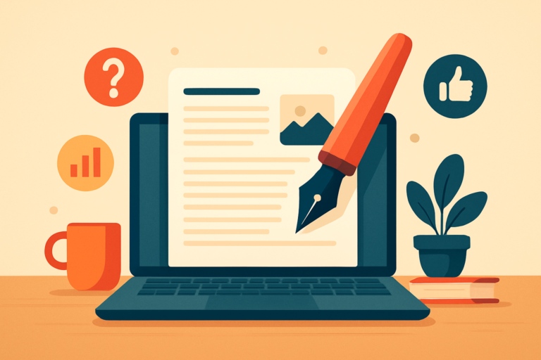 Illustration of a laptop displaying a document, symbolizing content writing for websites, with a fountain pen, coffee cup, plant, book, and various icons including a question mark and thumbs-up in the background.