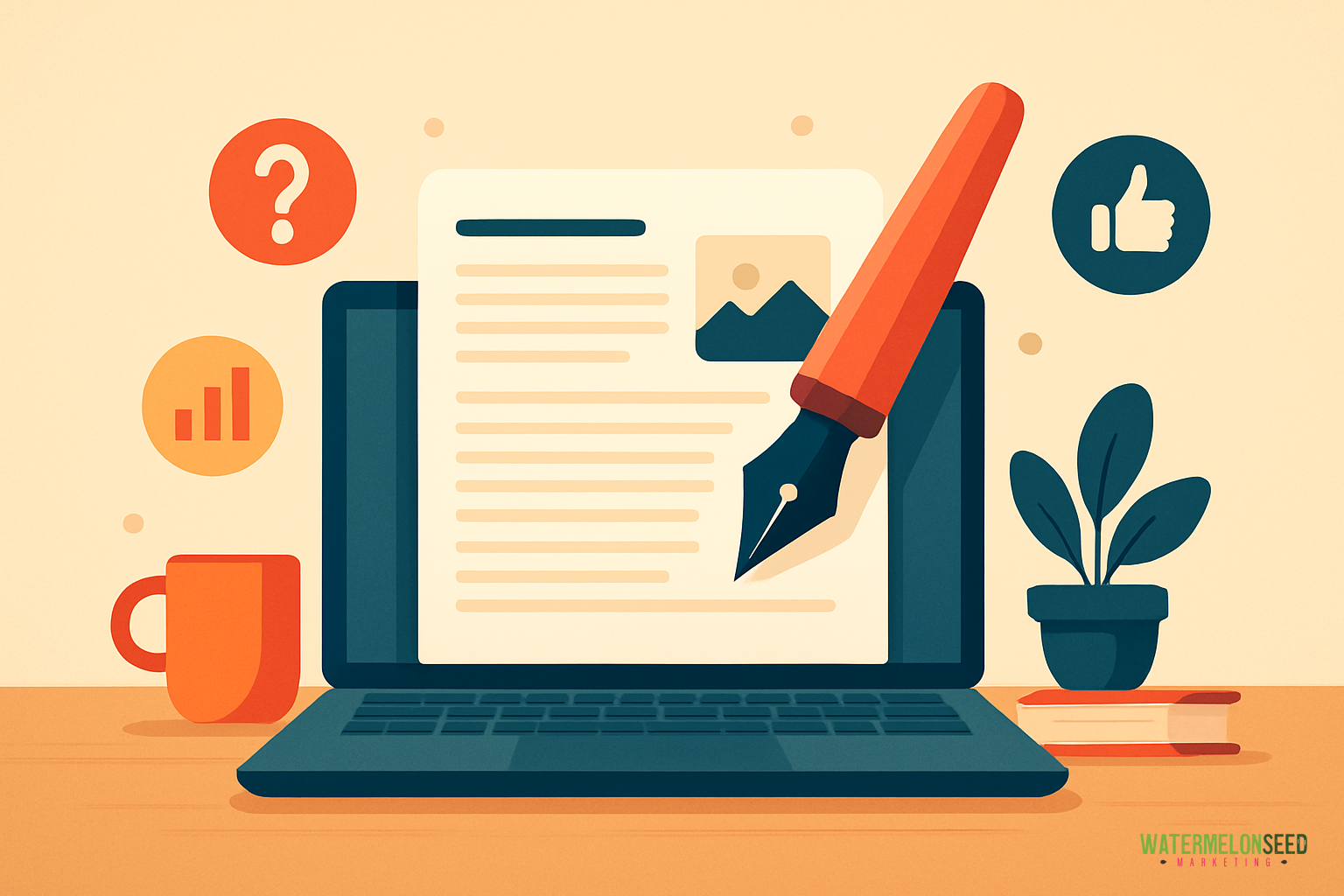 Illustration of a laptop displaying a document, symbolizing content writing for websites, with a fountain pen, coffee cup, plant, book, and various icons including a question mark and thumbs-up in the background.