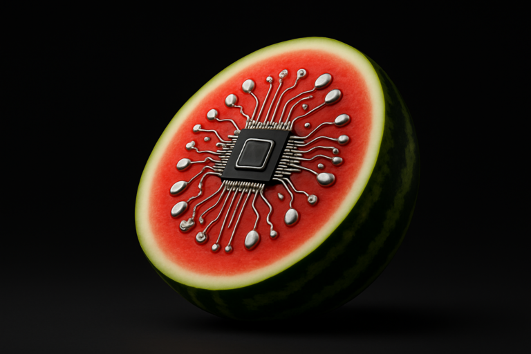 A sliced watermelon with an embedded computer microchip and metallic circuit lines on its red flesh, set against a black background—an imaginative visual metaphor for local SEO tips for Frisco businesses.