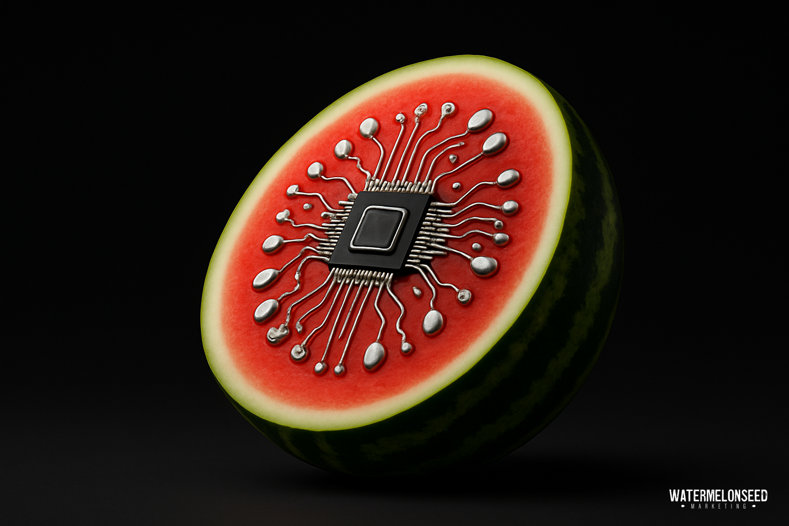 A sliced watermelon with an embedded computer microchip and metallic circuit lines on its red flesh, set against a black background—an imaginative visual metaphor for local SEO tips for Frisco businesses.