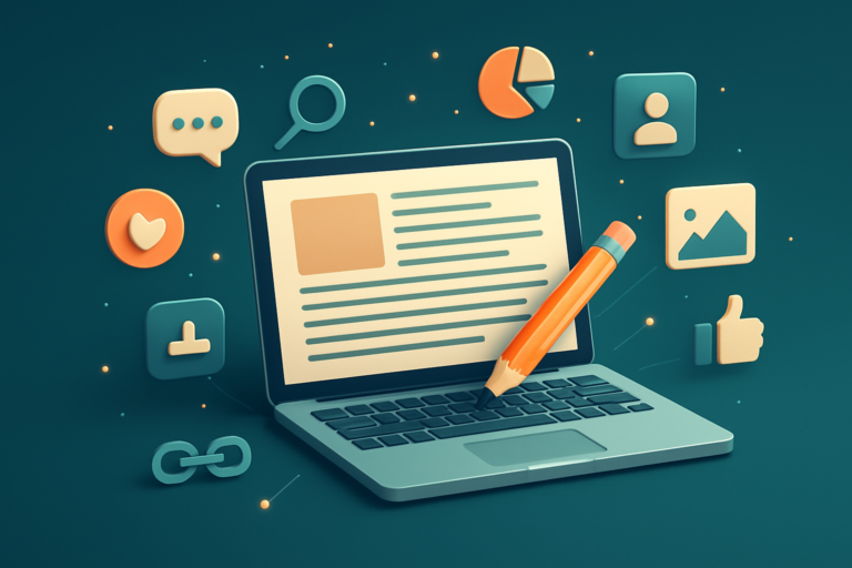 A laptop with a large pencil on its keyboard is surrounded by icons representing messaging, search, charts, profiles, images, links, and social media—illustrating the essentials of content writing for websites.