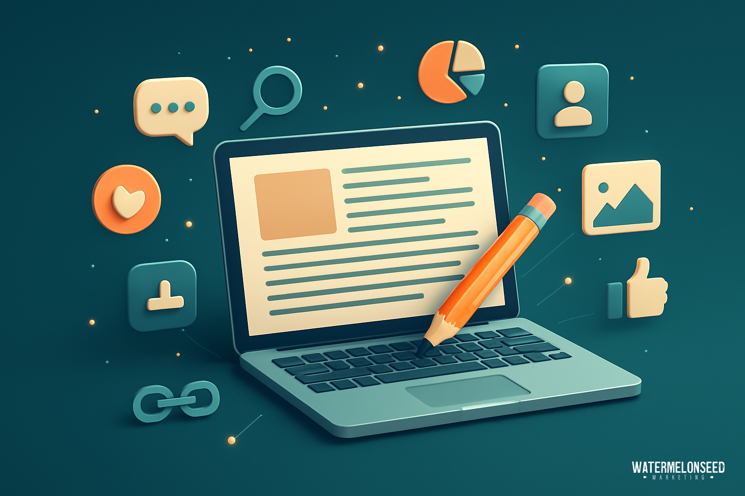 A laptop with a large pencil on its keyboard is surrounded by icons representing messaging, search, charts, profiles, images, links, and social media—illustrating the essentials of content writing for websites.