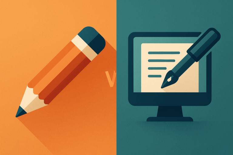 Illustration showing a large pencil on an orange background beside a computer with a fountain pen on a blue background, symbolizing analog versus digital content writing for websites.