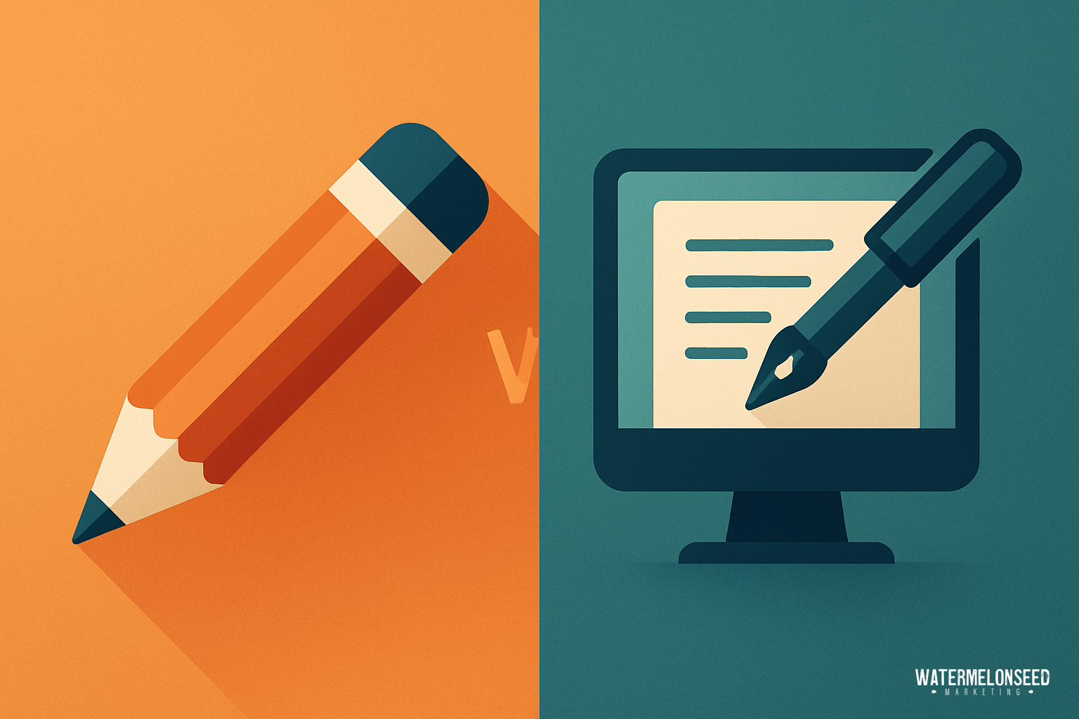 Illustration showing a large pencil on an orange background beside a computer with a fountain pen on a blue background, symbolizing analog versus digital content writing for websites.