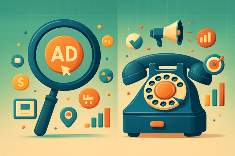 Illustration of a magnifying glass labeled "AD" and a vintage telephone, surrounded by marketing icons like graphs, a megaphone, dollar signs, location markers, and tips for effective AdWords strategies for small businesses.