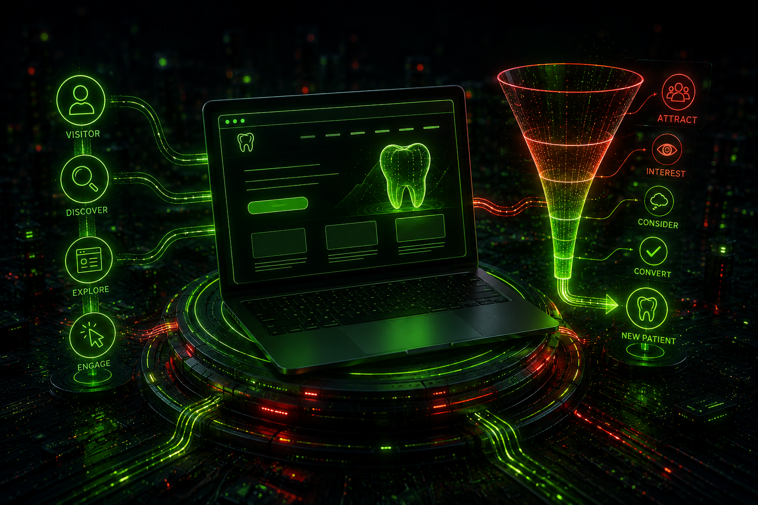A digital illustration shows a laptop with a tooth icon on the screen, connected to a sales funnel and marketing process icons, representing improving website conversion rates in the dental patient conversion process.