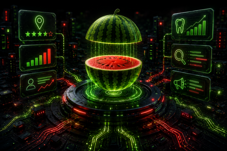 A digitally rendered watermelon splits open in a futuristic lab, surrounded by glowing data charts and analysis icons on high-tech screens, evoking the precision of Frisco dental advertising services.