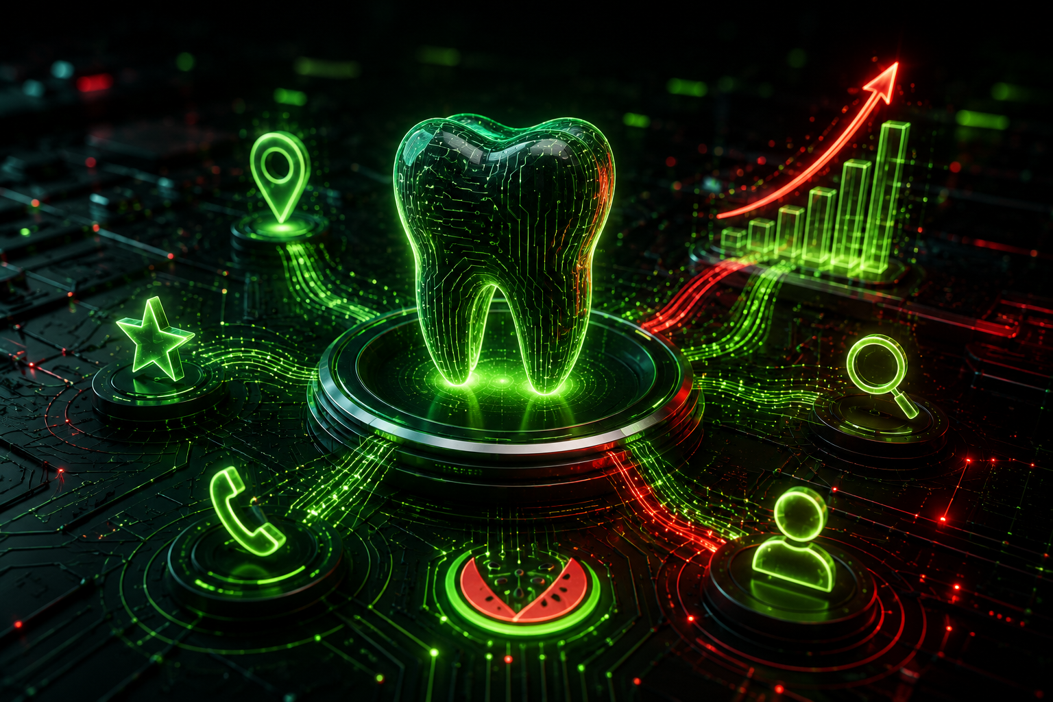 A digital illustration of a glowing tooth surrounded by neon icons, including a graph, star, phone, and more on a circuit board background—perfect for showcasing Frisco dental advertising services.