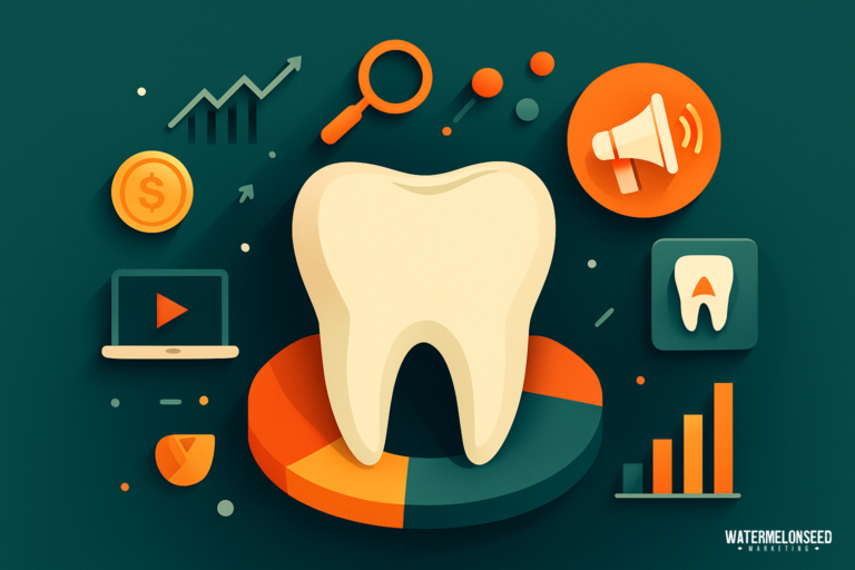 Illustration of a tooth surrounded by marketing icons, including charts, a megaphone, magnifying glass, laptop, and pie chart, representing dental content marketing concepts and effective AdWords strategies.