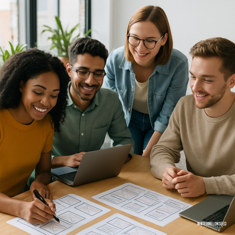 Four people sit at a table reviewing documents with charts and diagrams; one uses a laptop while others discuss affordable web design solutions and take notes.