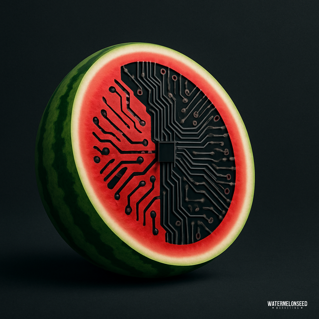 A half watermelon with one side showing red flesh and seeds, and the other side resembling a black computer circuit board design, representing innovation like Frisco dental advertising services.