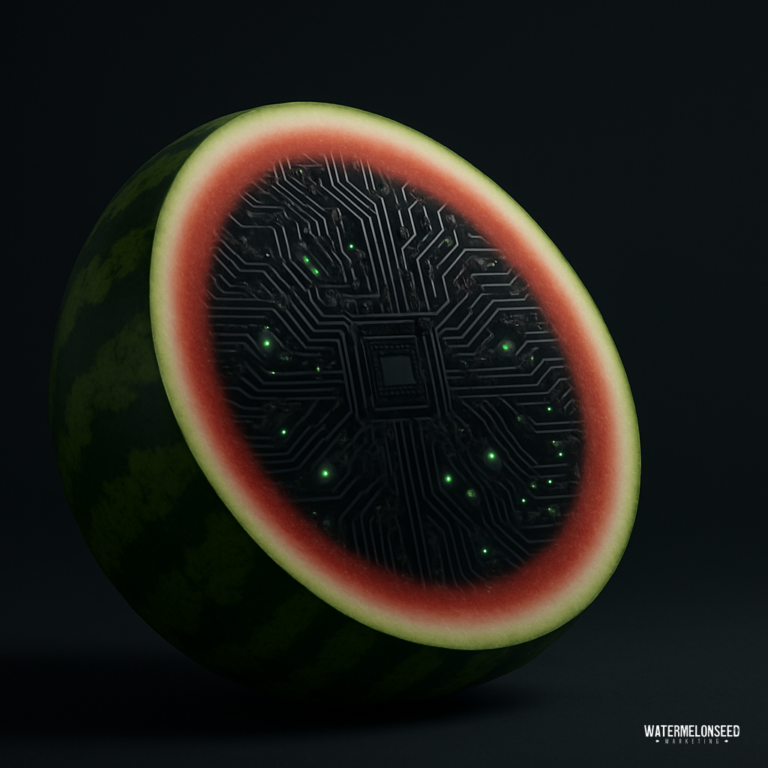 Half of a watermelon with its inside resembling a black circuit board with glowing green lights, set against a dark background—visualizing the process of improving website conversion rates. The bottom right corner has the text "WATERMELONSEED.