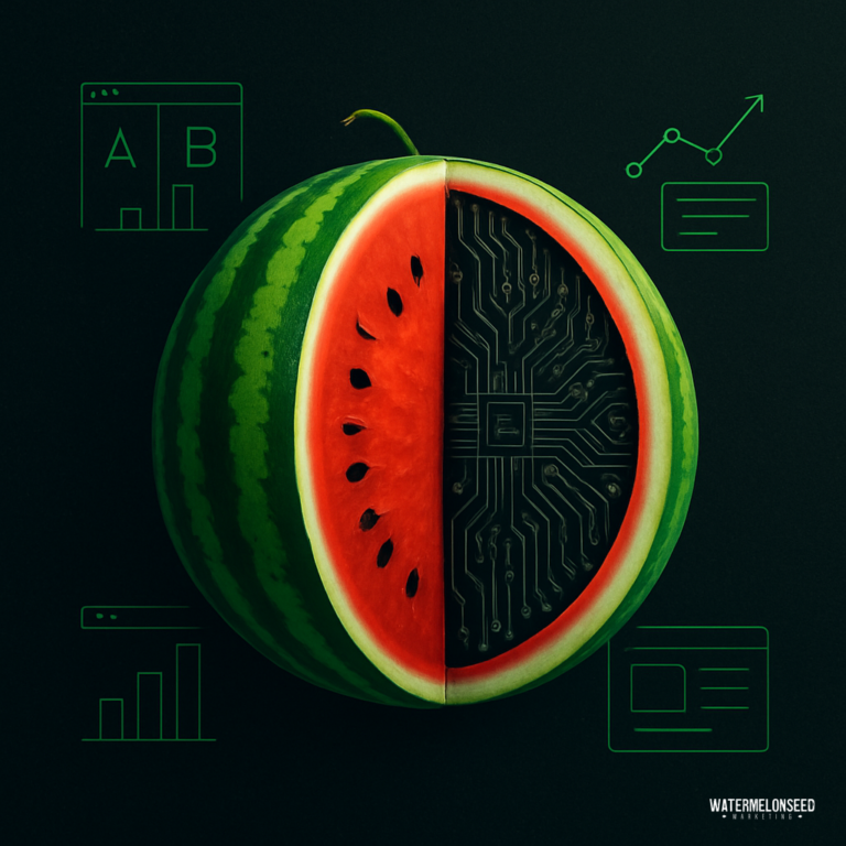 A watermelon sliced in half reveals one side as fruit and the other as a computer chip, surrounded by digital data icons—symbolizing how technology transforms simple ideas into powerful tools for improving website conversion rates.