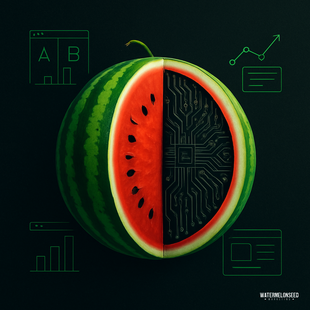 A watermelon sliced in half reveals one side as fruit and the other as a computer chip, surrounded by digital data icons—symbolizing how technology transforms simple ideas into powerful tools for improving website conversion rates.