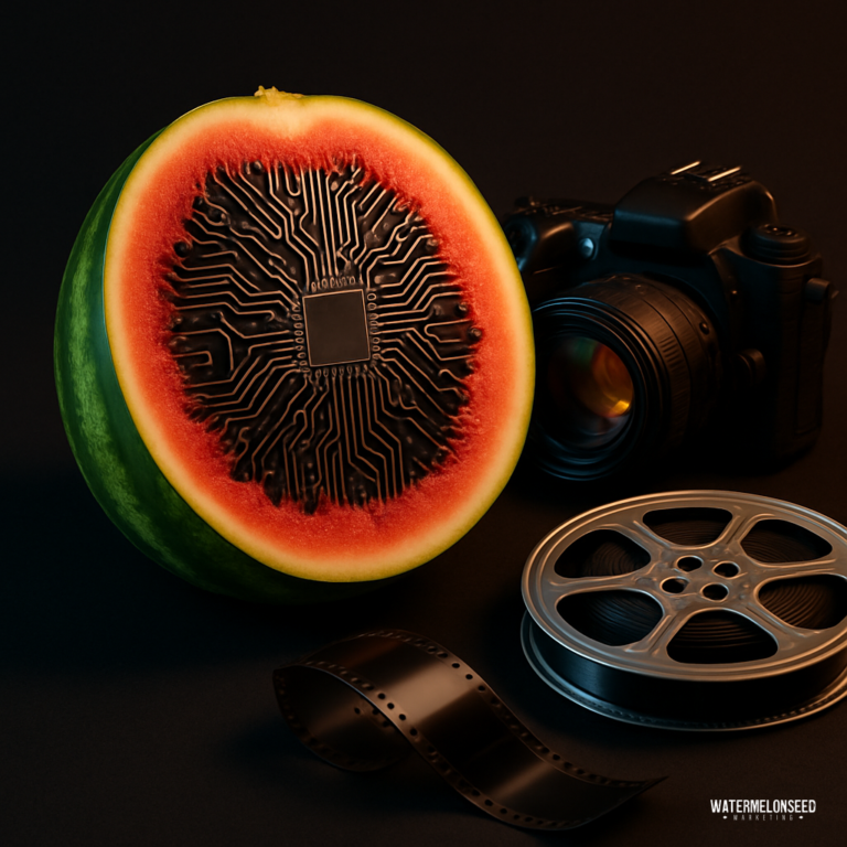 A watermelon with a computer chip pattern on its flesh sits beside a camera, film reel, and film strip on a dark background—an unexpected nod to improving website conversion rates through creative visuals.