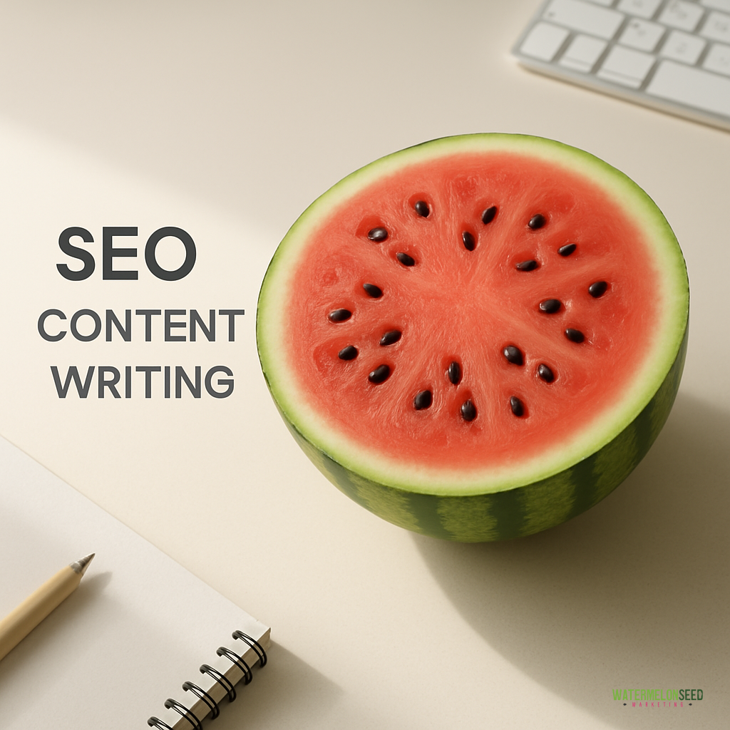 A halved watermelon sits on a desk next to a keyboard, notebook, and pencil, with the text "SEO Content Writing" highlighting the importance of SEO content writing best practices.
