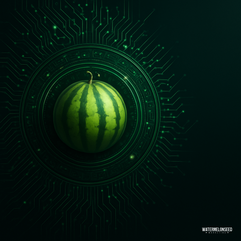 A whole watermelon is centered on a circular digital circuit background, blending natural and technological themes. "WATERMELONSEED" and a nod to Frisco dental advertising services appear in the bottom right corner.