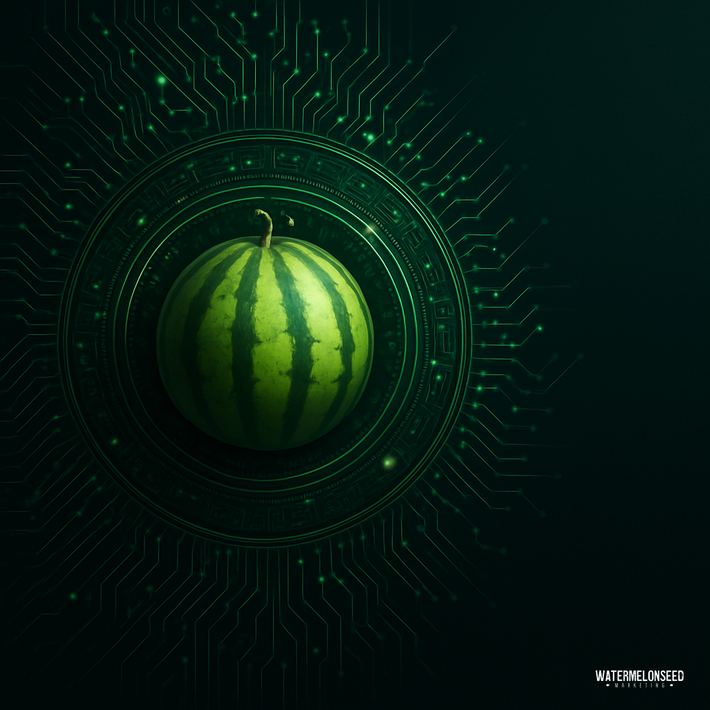 A whole watermelon is centered on a circular digital circuit background, blending natural and technological themes. "WATERMELONSEED" and a nod to Frisco dental advertising services appear in the bottom right corner.
