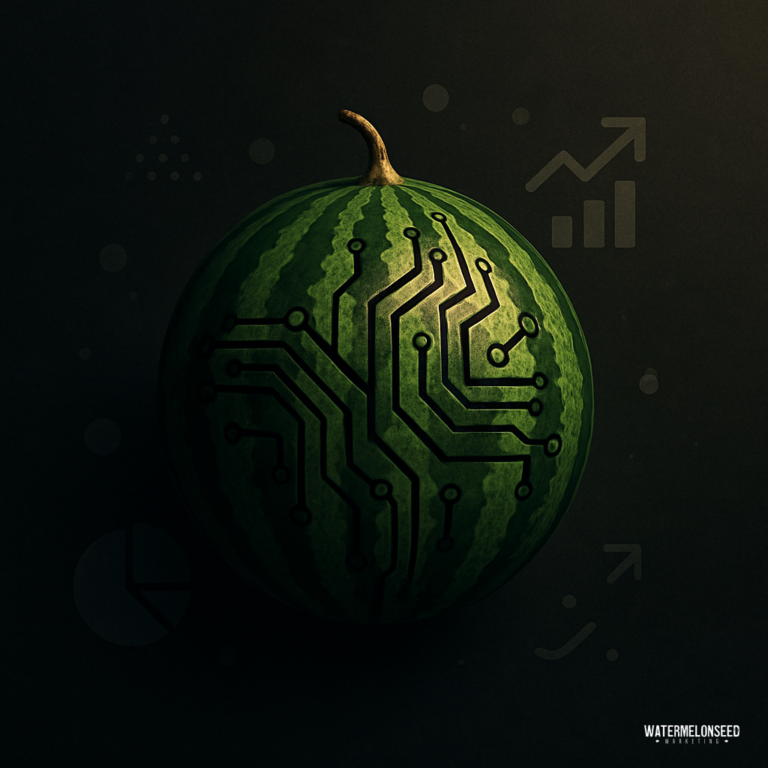 A watermelon with a black circuit board pattern on its rind, set against a dark background with faint data and graph icons—symbolizing innovative strategies for improving website conversion rates.