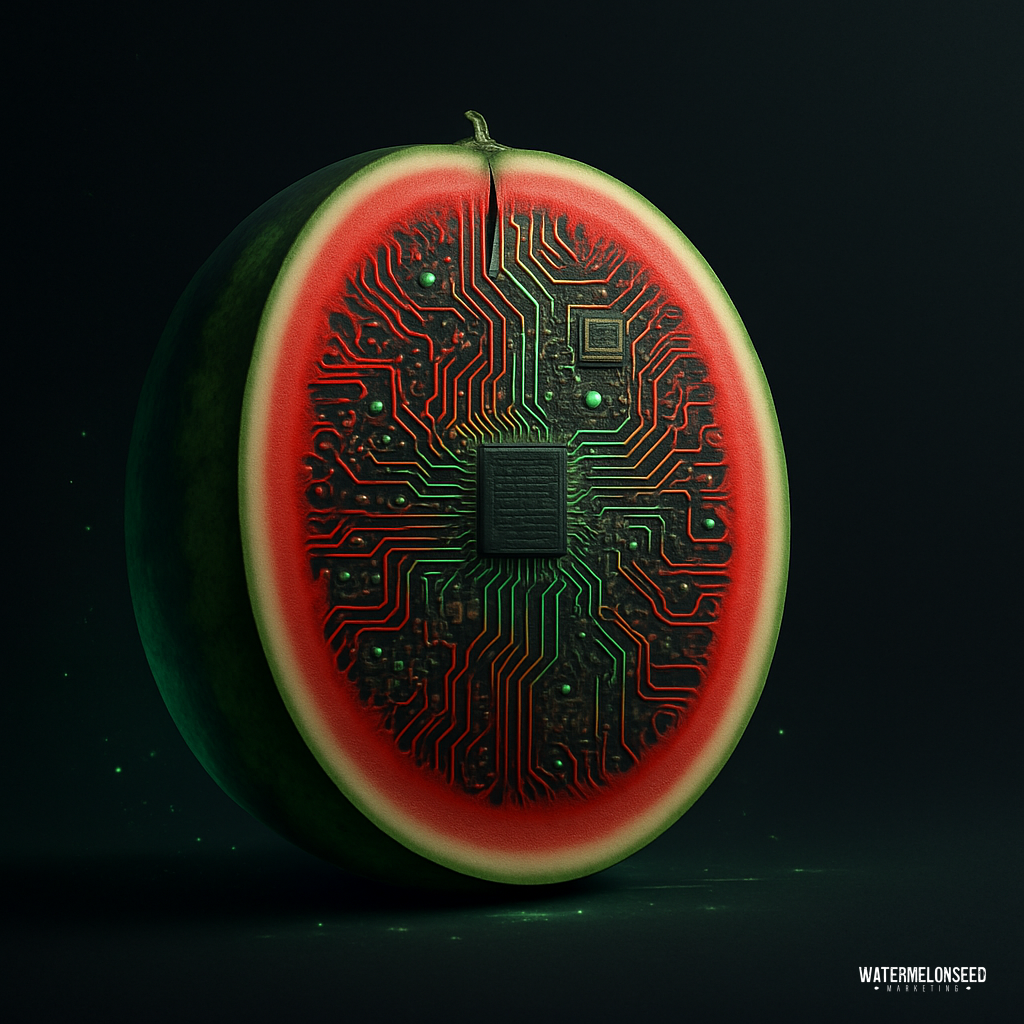 A watermelon with its flesh replaced by a computer circuit board, blending natural elements with the concept of performance analytics tools for digital marketing on a dark background.