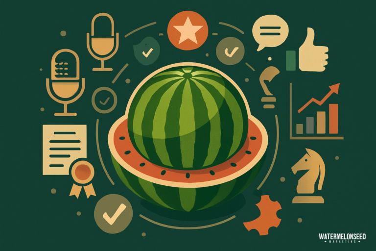 A stylized illustration of a watermelon surrounded by icons representing achievement, strategy, communication, and business growth, on a green background.