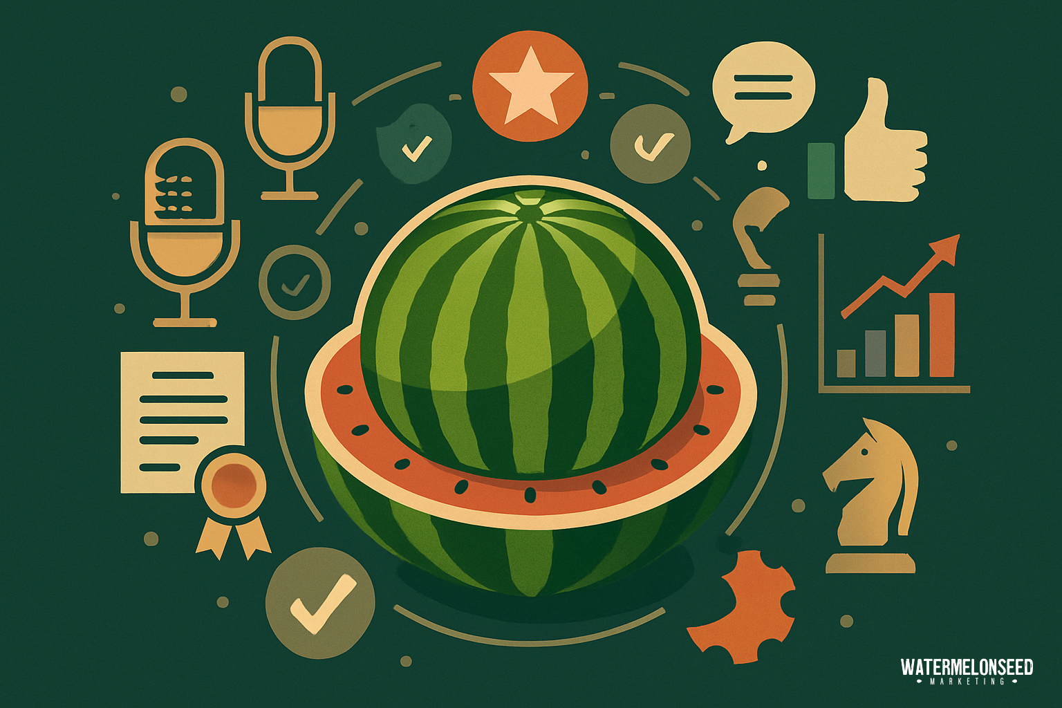 A stylized illustration of a watermelon surrounded by icons representing achievement, strategy, communication, and business growth, on a green background.