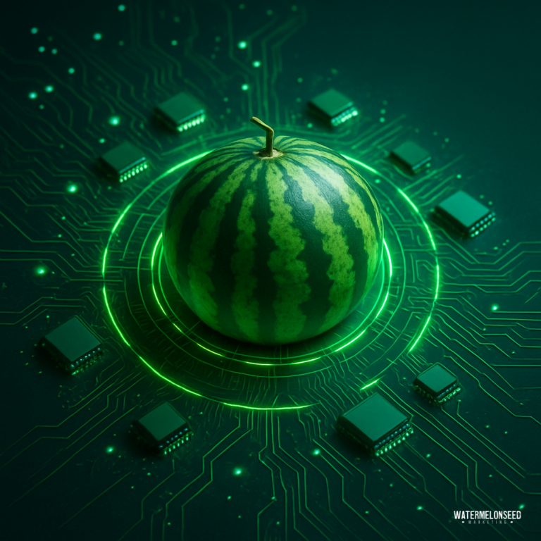 A watermelon sits at the center of a glowing green digital circuit board, surrounded by microchips and electronic components—symbolizing fresh strategies for improving website conversion rates.