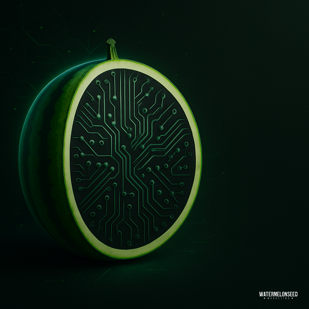 A watermelon cut in half reveals a circuit board pattern inside, blending natural and technological elements to symbolize the process of establishing brand trust against a dark background.