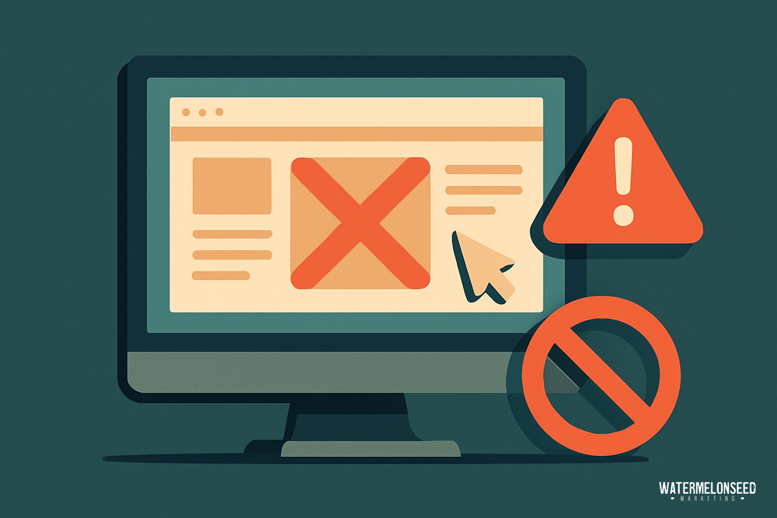 An illustration of a computer monitor displaying an error message with a red X, warning icons, and a mouse cursor—highlighting the importance of conversion-friendly design in effective website design.