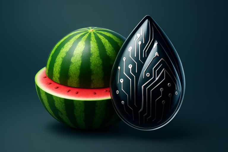 A halved watermelon sits next to a black, teardrop-shaped object with a circuit board pattern, symbolizing brand trust on a dark background.