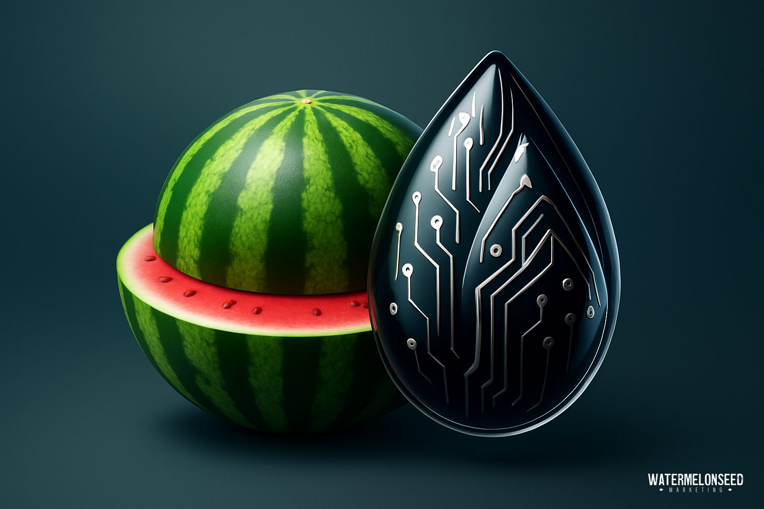 A halved watermelon sits next to a black, teardrop-shaped object with a circuit board pattern, symbolizing brand trust on a dark background.